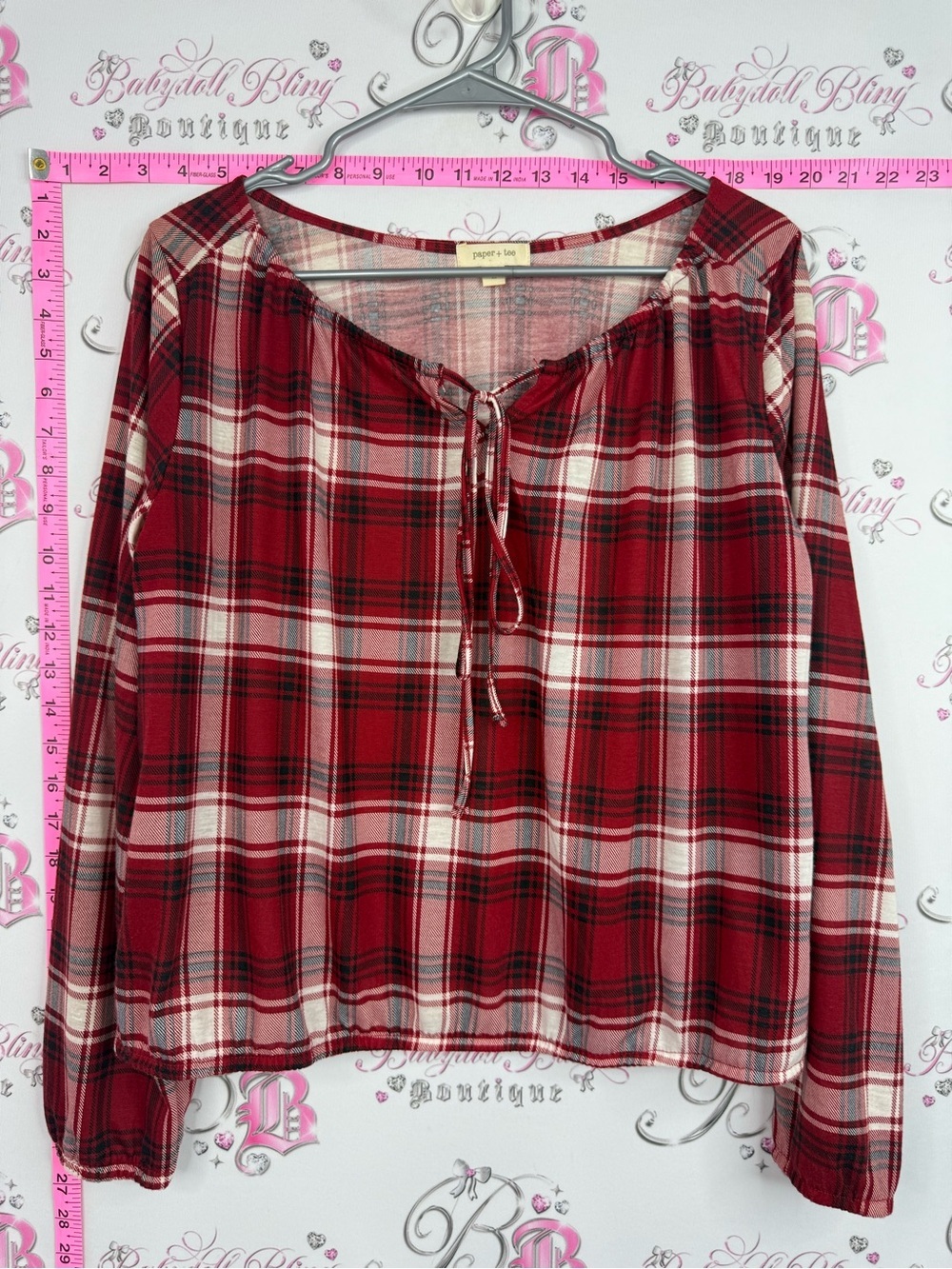 paper tee long sleeve plaid shirt Red Plaid Long Sleeve Tie-Neck Top